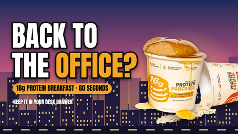 Back to the office? Beef Cakes protein pancake and oatmeal cups in front of a city skyline at sunrise